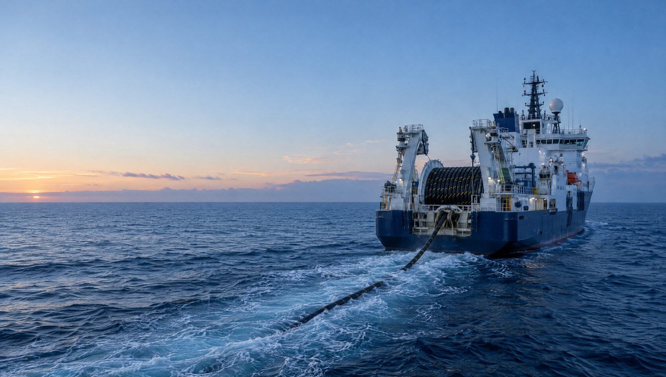 A cable-lay ship at dawn on the open Pacific
