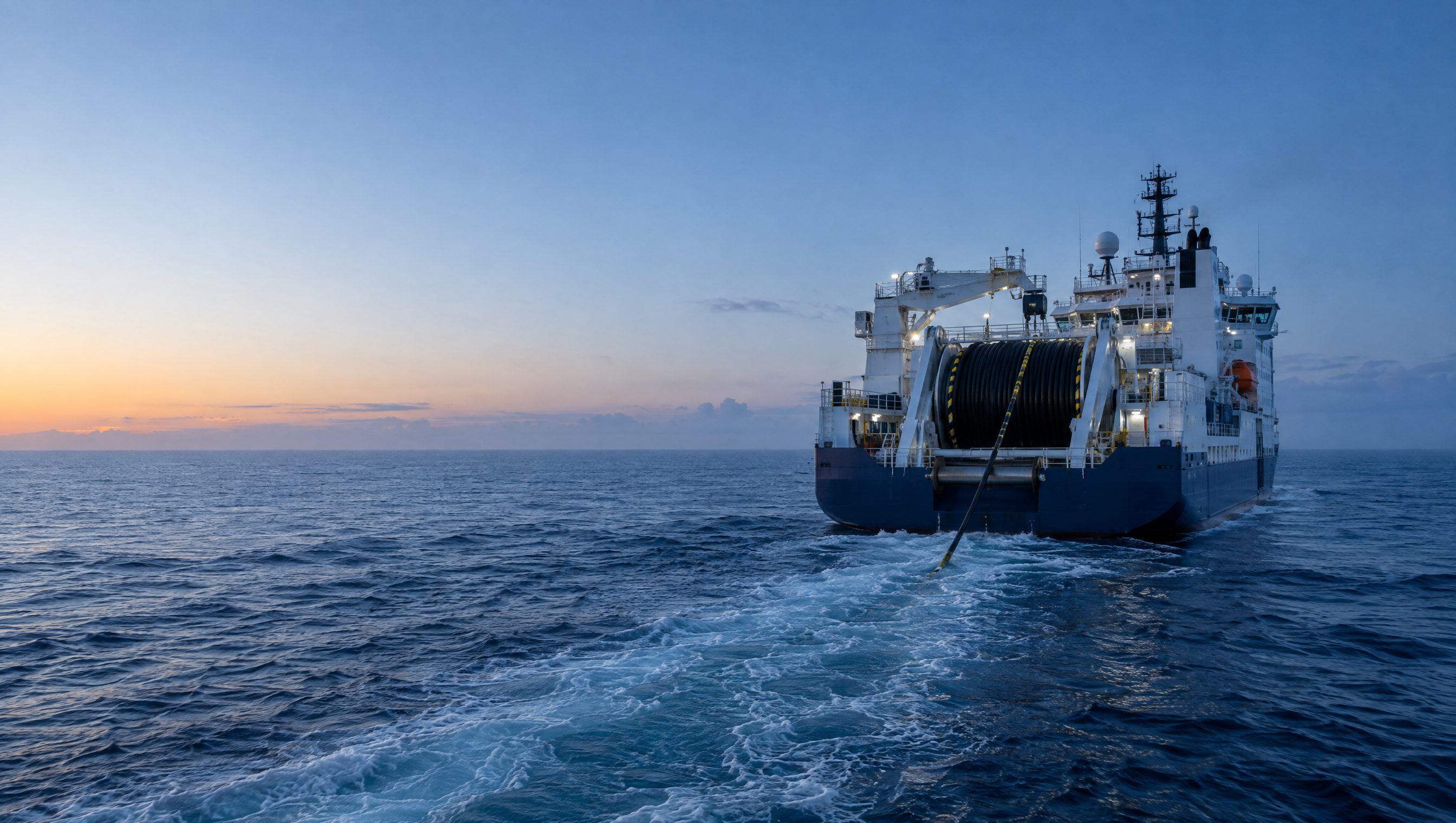 A cable-lay ship at dawn on the open Pacific, paying subsea cable out over its stern